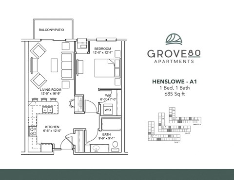 Floor plan for 1 bed, 1 bath, 685 sqft